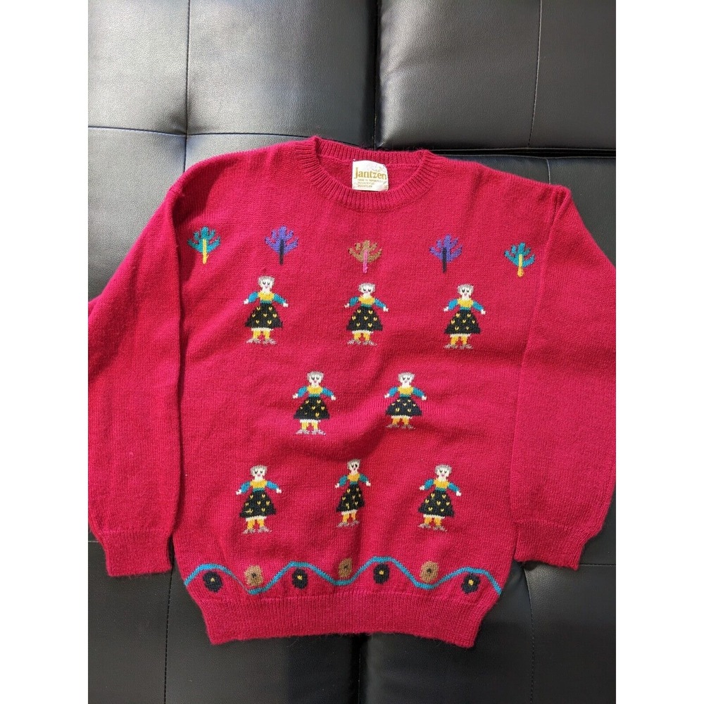 Vintage Jantzen Red Sweater Folk Art Pullover‎ Crewneck Long Sleeve Brown M